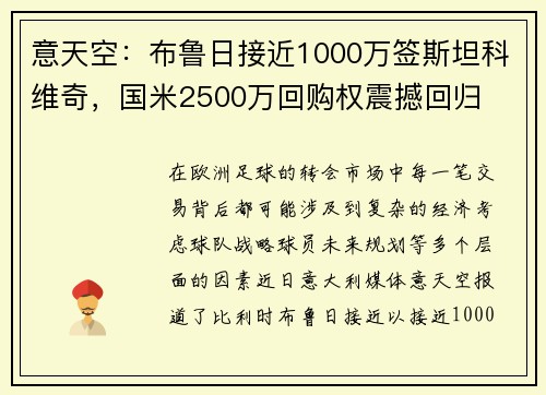 意天空：布鲁日接近1000万签斯坦科维奇，国米2500万回购权震撼回归