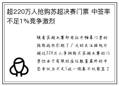 超220万人抢购苏超决赛门票 中签率不足1%竞争激烈